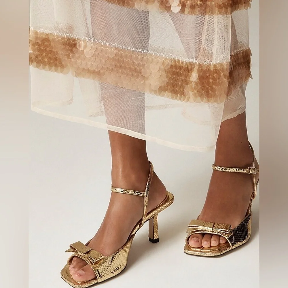 J Crew Leni made-in-Spain bow heels in metallic snake-embossed leather CC074